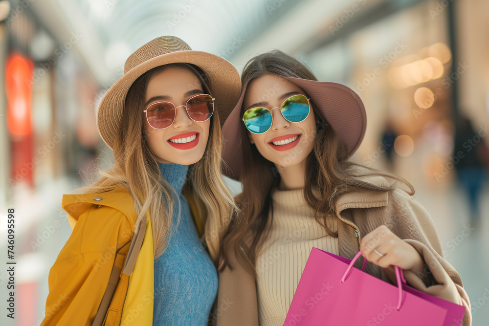 Shopping friends, two girls with sunglasses and beautiful smiles, dressed fashionably with shopping bags in a shopping mall