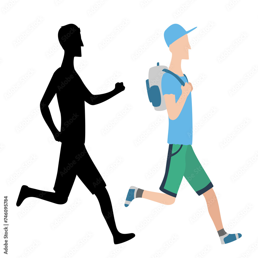 Running man and his silhouette. Active people, fitness, sports movement. Side view. Jpeg illustration in flat design