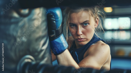 Caucasian woman in exercise clothes punching a punching bag in the gym.
