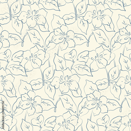 Seamless floral pattern, minimalist sketch style flower print. Simple botanical design, abstract graphic surface of hand drawn lily flowers, leaves. Elegant fashion ditsy print. Vector illustration.