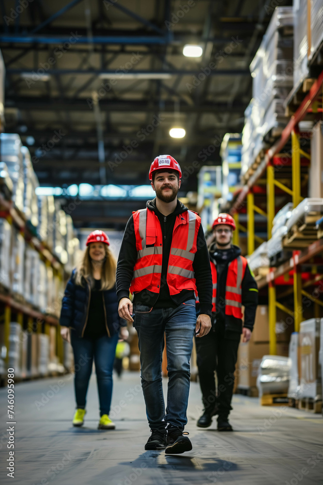 Obraz premium A team of Caucasian men is working in a warehouse.