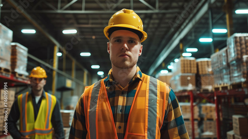 A team of Caucasian men is working in a warehouse.