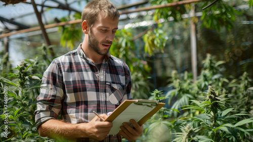 Caucasian male farmer inspects cannabis plants in outdoor farm.