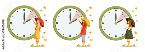 Daylight saving time end concept. Fall back vector illustration set. Vector illustration of clocks with autumn leaves, women with different hair color with umbrellas changing time to wintertime.