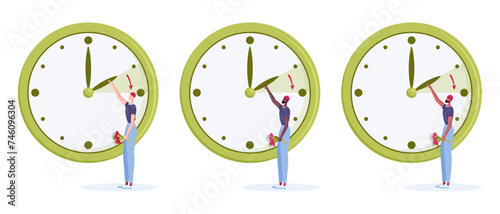 Daylight saving time begins concept. Spring forward vector illustration set. Flat style clock and diverse ethnicity men with bouquet of flowers in hand turning clock hour ahead.	