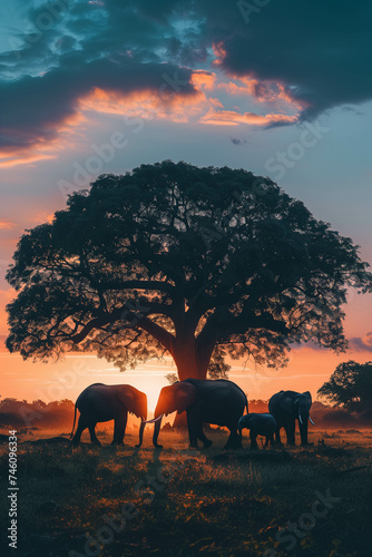 A herd of elephants under a big tree in the middle of a field at sunset.
