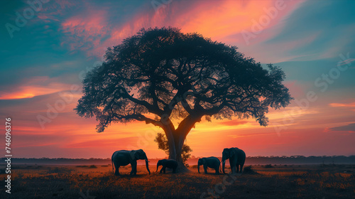 A herd of elephants under a big tree in the middle of a field at sunset.