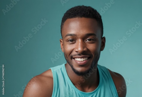 A smiling man in a teal tank top looking at the camera with a friendly demeanor. His bright smile is engaging and welcoming.