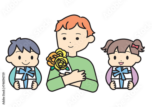 父の日　お父さんへプレゼントを贈る男の子と女の子