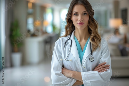 Professional portrait of a female doctor in lab coat with stethoscope in a clinic