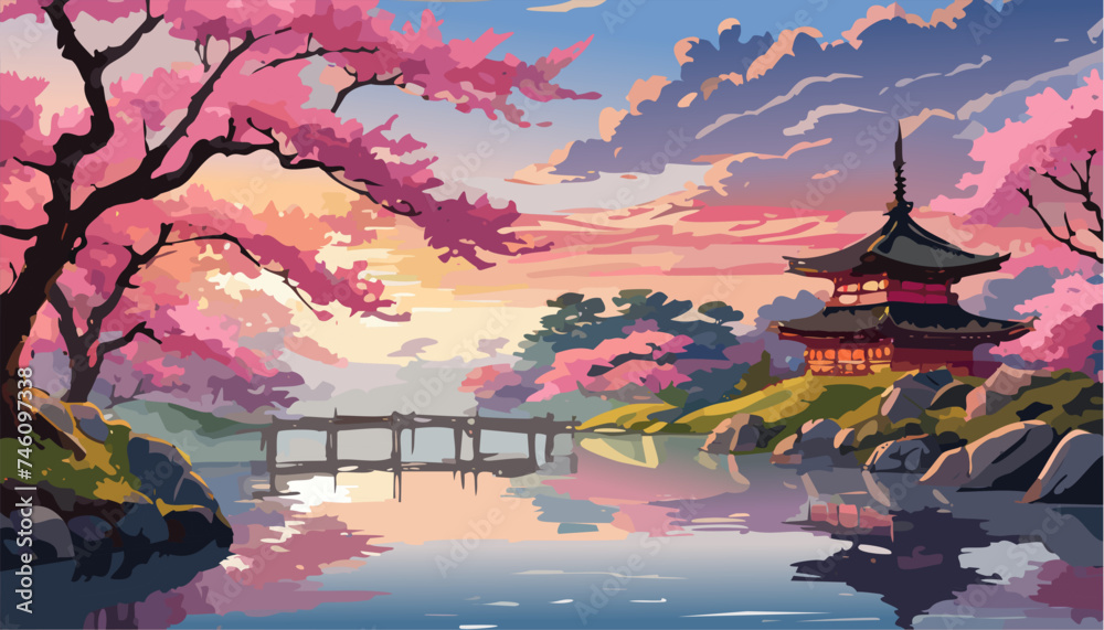Obraz premium Japanese garden with cherry blossoms and lake