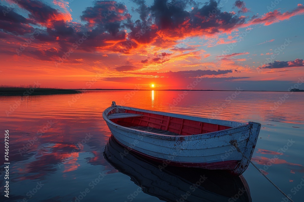 A solitary red and white boat on tranquil water against a backdrop of a dramatic sunset A solitary red and white boat on tranquil water against a backdrop of a dramatic sunset