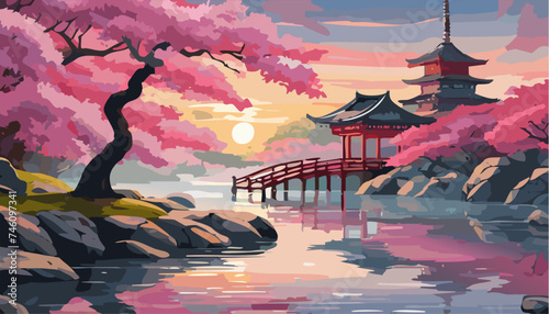 Japanese garden with cherry blossoms and lake photo