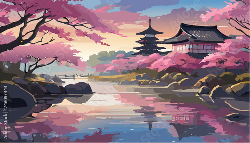 Japanese garden with cherry blossoms and lake