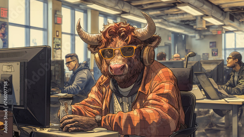 illustration of a Bison working in an office cubicle among human coworkers photo