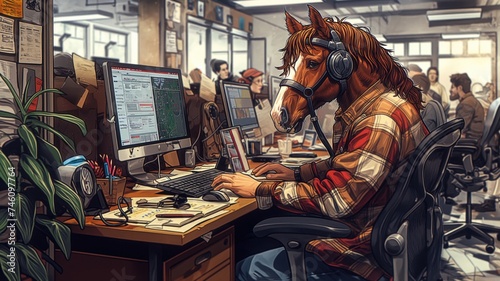 illustration of a horse working in an office cubicle among human coworkers