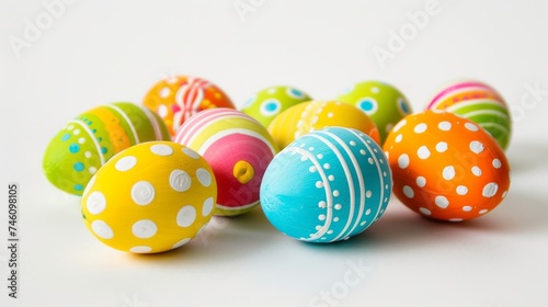 Easter decoration colorful eggs on white background with copy space. Beautiful colorful easter eggs. Happy Easter. Isolated.