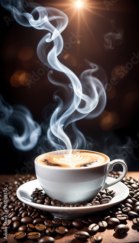 Generative AI. A cup of coffee on a table. The cup is white and has a saucer. There are coffee beans on the table. The background is a dark brown. There is a fire flame on the background.