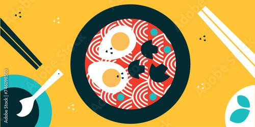 Thai food. Vector illustration. Appetizing Japanese ramen noodle soup with ingredients. Food menu design template. Thai food menu. Perfect for restaurant menu, cards or posters.