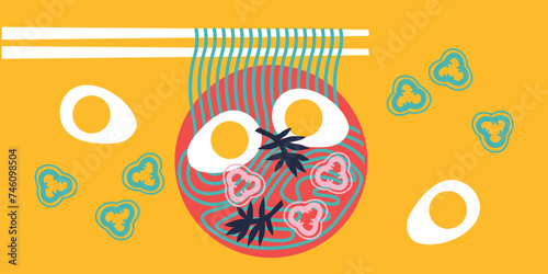 Thai food. Vector illustration. Appetizing Japanese ramen noodle soup with ingredients. Food menu design template. Thai food menu. Perfect for restaurant menu, cards or posters.