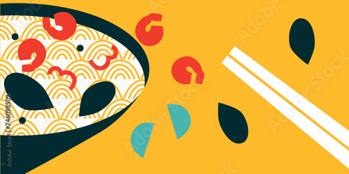 Thai food. Vector illustration. Appetizing Japanese ramen noodle soup with ingredients. Food menu design template. Thai food menu. Perfect for restaurant menu, cards or posters.