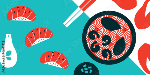 Thai food. Vector illustration. Appetizing Japanese ramen noodle soup with ingredients. Food menu design template. Thai food menu. Perfect for restaurant menu, cards or posters.