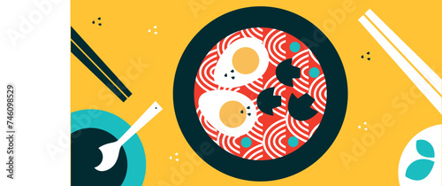 Thai food. Vector illustration. Appetizing Japanese ramen noodle soup with ingredients. Food menu design template. Thai food menu. Perfect for restaurant menu, cards or posters.