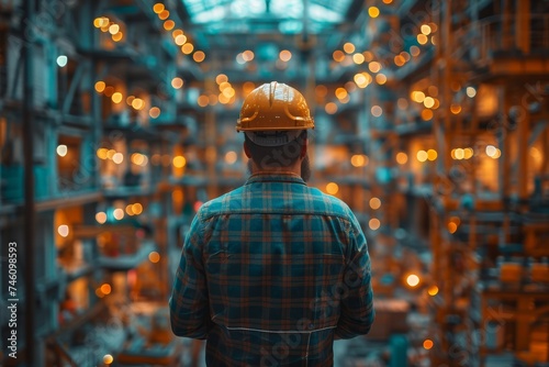 A male worker in safety gear stands pensively, surveying the hustle of an industrial setting, the lights create an intense ambiance