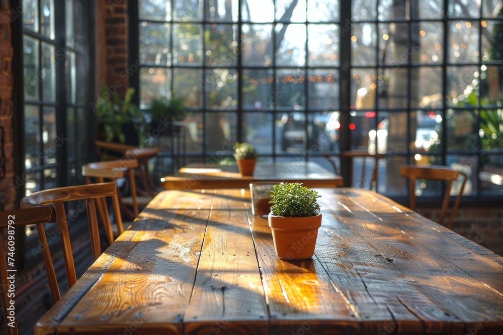 A warm and inviting indoor cafe scene with sunlight streaming through the large windows onto wooden tables - obrazy, fototapety, plakaty 