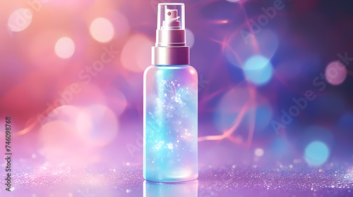 Bottle of moisturizer, hydrating face cream or skin care lotion with slashes and waves on light pastel background photo