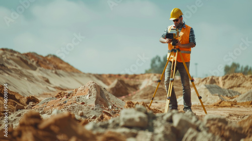 Construction surveyor analyzes site measurements with advanced equipment outdoors.