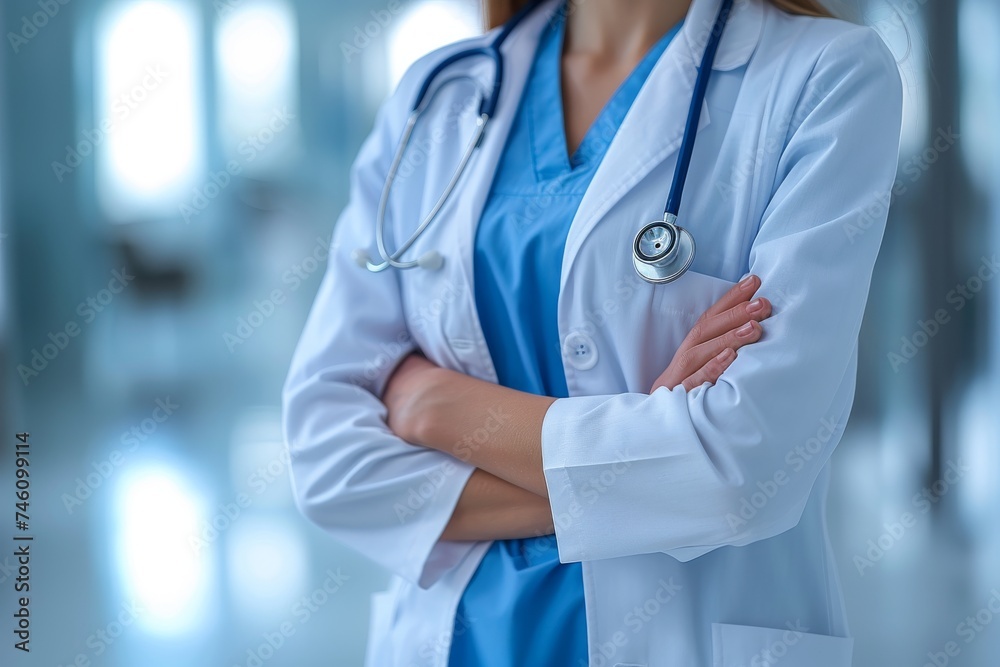 A professional image of a confident female doctor with arms crossed, representing expertise and care in a clinical setting A professional image of a confident female doctor with arms crossed, representing expertise and care in a clinical setting
