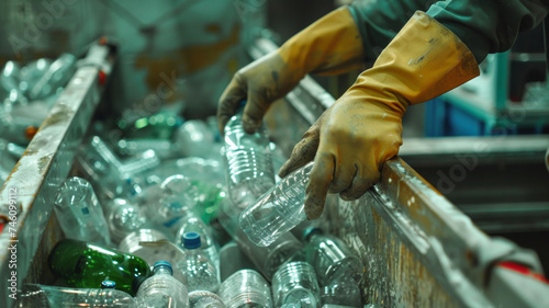 Gloved hands sort plastic bottles in a recycling facility.