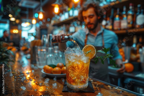 An image of a bartender's hands putting the final touch on a cocktail with backdrop of a lively bar