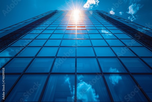 Looking up to a reflective glass skyscraper, symbolizing architectural achievement and modern corporate culture