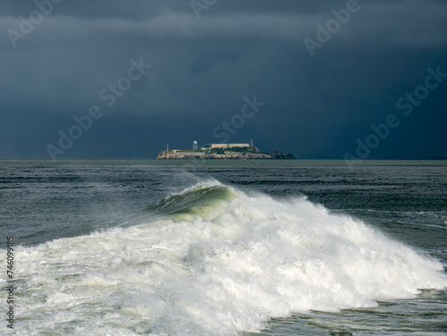 Alcatraz amid a stormy San Franciso Bay and an ominous sky