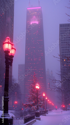 snowy street with tall building
