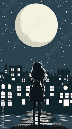 Illustration of girl looking to the moon and the city