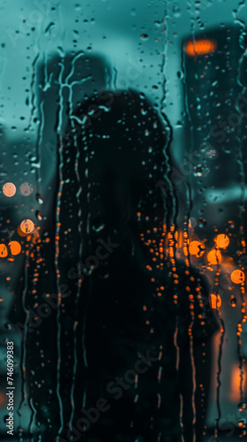 silhouette of a girl through a wet window
