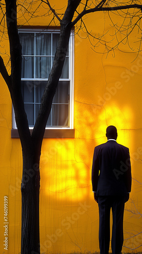 person behind of yellow wall