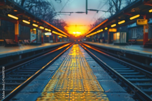 Golden sunset over railroad tracks converging in the distance, symbolizing journey and exploration