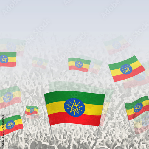 Crowd of people waving flag of Ethiopia square graphic for social media and news.
