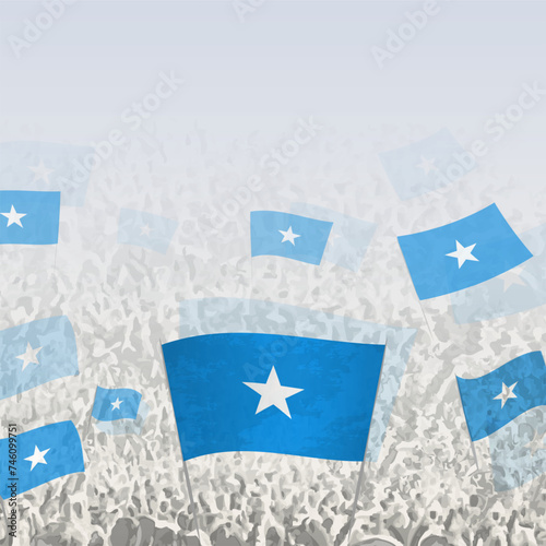 Crowd of people waving flag of Somalia square graphic for social media and news.