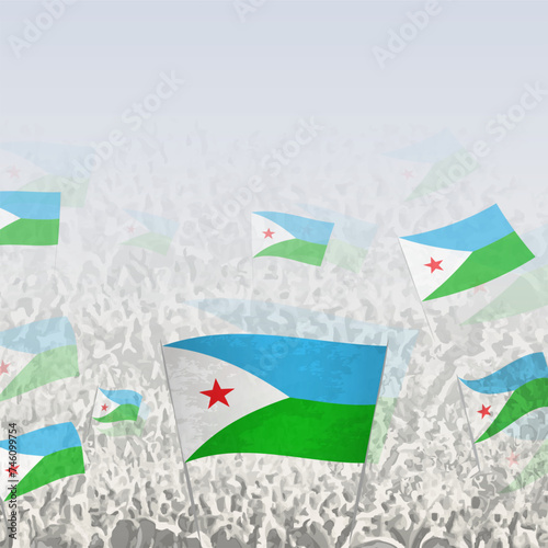 Crowd of people waving flag of Djibouti square graphic for social media and news.