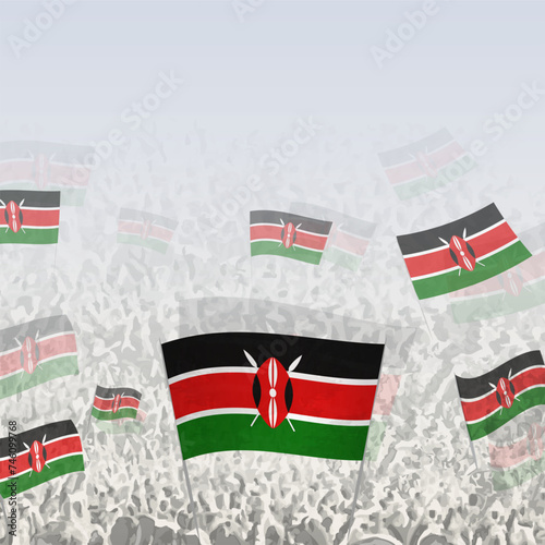 Crowd of people waving flag of Kenya square graphic for social media and news.