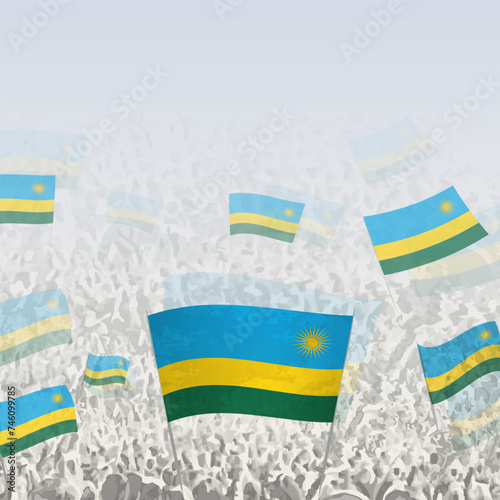 Crowd of people waving flag of Rwanda square graphic for social media and news.