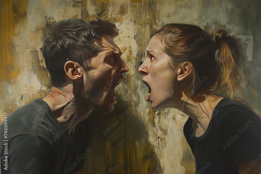 a portrait of a man and a woman shouting at each other but not hearing each other. Social problems a portrait of a man and a woman shouting at each other but not hearing each other. Social problems