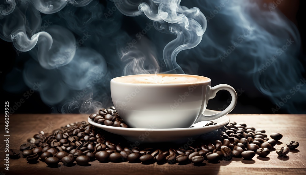 Generative AI. A cup of coffee on a table. The cup is white and has a saucer. There are coffee beans on the table. The background is a dark brown. There is a fire flame on the background. Generative AI. A cup of coffee on a table. The cup is white and has a saucer. There are coffee beans on the table. The background is a dark brown. There is a fire flame on the background.