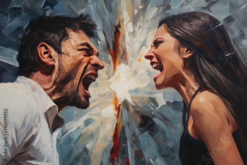 a portrait of a man and a woman shouting at each other but not hearing each other. Social problems photo