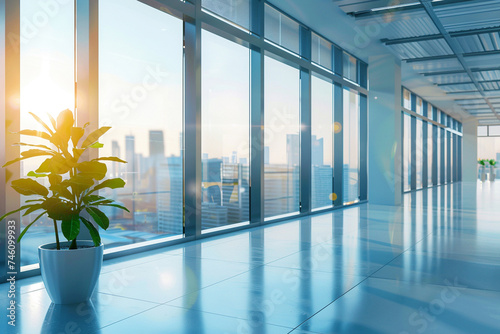 modern office interior with panoramic window and city view. 3d rendering